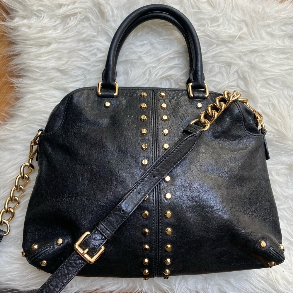 Michael Kors Uptown Astor Shoulder Dome Satchel Studded Black Leather Purse